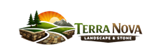 Terra Nova Landscape & Stone logo — pine trees, mountains, sunrise, stone wall and paver walkway